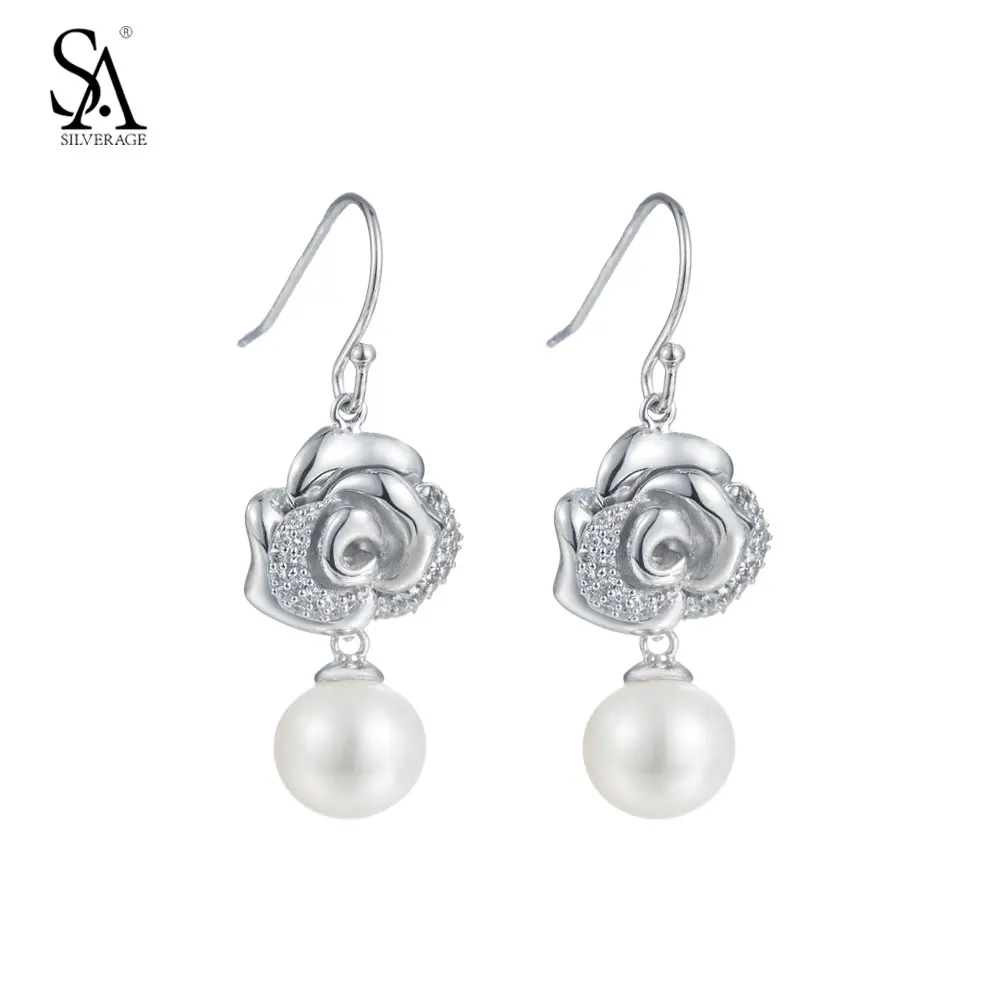 

SA SILVERAGE Real 925 Sterling Silver Drop Earrings Flower With Pearl Silver Drop Earring Wedding Gift For Lover