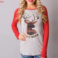 Для женщин Рождество с принтом оленя Футболки круглым вырезом в стиле пэчворк с длинными рукавами реглан футболки женские Костюмы Slim Fit