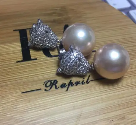 

Free shipping charming pair of 12-13mm south sea gold pink pearl earring silver