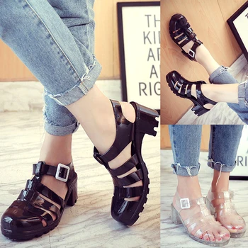 

Women Fashion Retro Crystal Thick Heels Sandals Summer Shiny Transparent T-Roman Sandals Buckle Strap Black Silver Jelly Shoes