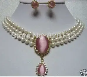 

real jewelry Akoya Cultured pearl pink opal jade Earring Necklace Set AAA Silver Hook free shipping