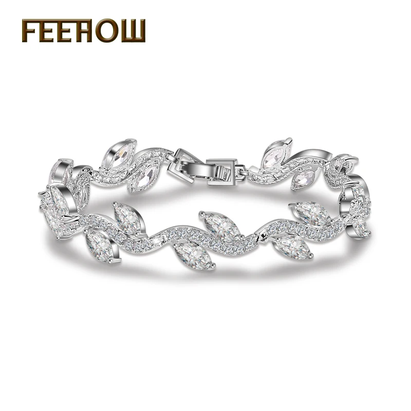 

FEEHOW Exquisite White Marquise Cut Cubic Zirconia Leaf Bracelets & Bangles for Women Fashion Wedding Jewelry FWBP066