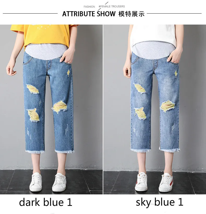 Calças de Algodão Verão Finas Mulheres Grávidas Calças Jeans Maternidade Buraco Moda Hight Cintura Gravidez Roupas Tamanho Grande 3 High Quality Mamãe e Bebê