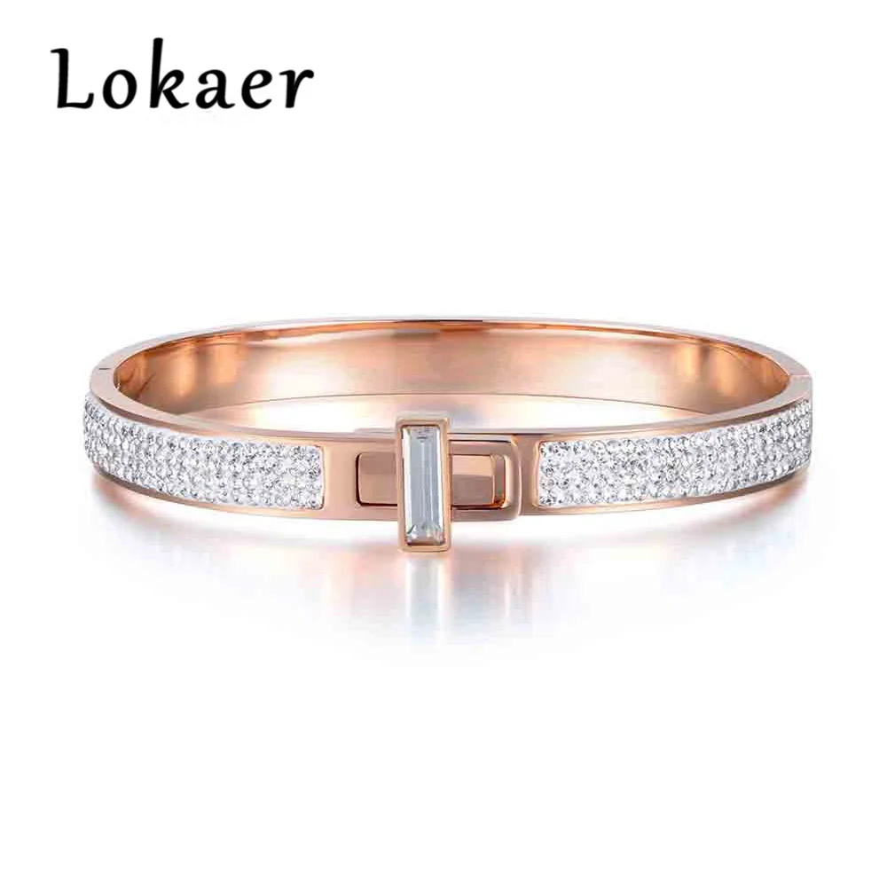 

Lokaer Pave Setting Rhinestone Bangles & Bracelets Jewelry Rose Gold Color Stainless Steel Cubic Zirconia Wedding Bangle B17051