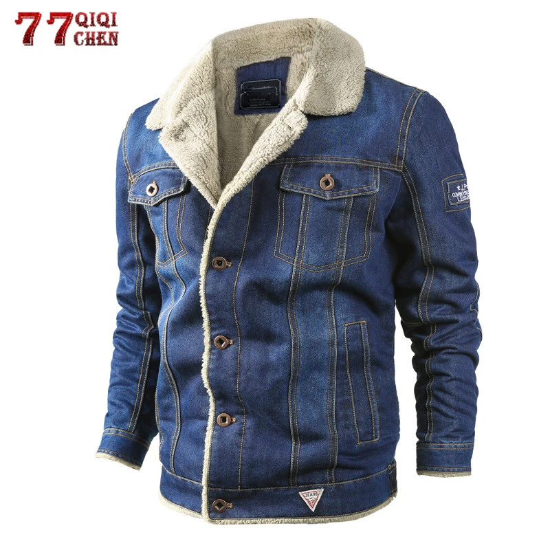 

Denim Fleece Jacket Men Winter Warm Parkas Coat Casual Retro Fur Collar Thicken Military Cowboy Jackets Overcoat Hombre 5XL 6XL