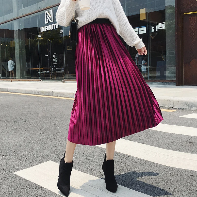 

Pleated Skirt Women Midi Skirts Womens Elegant High Waist Gold Velvet Long Skirt Faldas Mujer Moda 2019 Autumn Winter OL Skirts