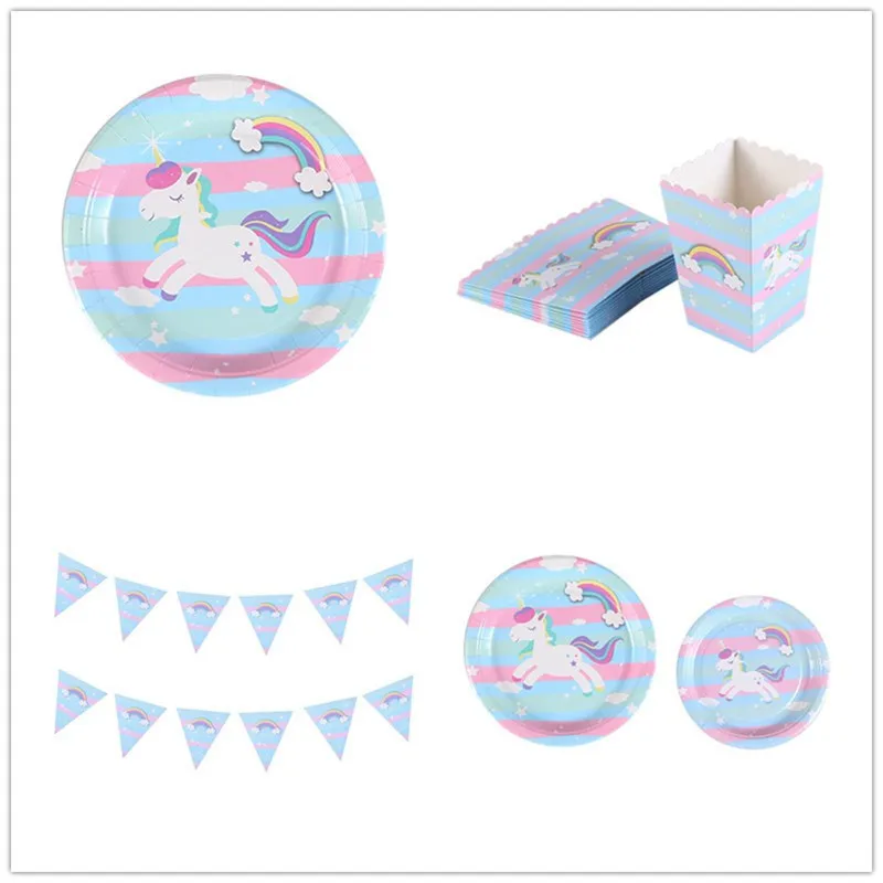 Unicorn Theme Party Wedding Birthday Set Supplies for 10 Packs Paper Plates Cups Drinking Straws Napkins Disposable | Дом и сад