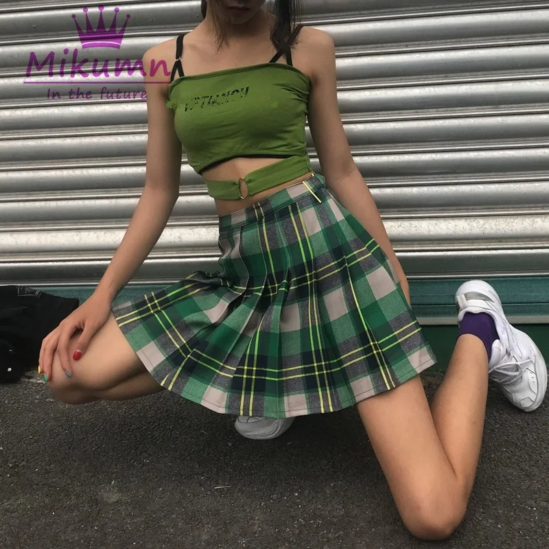 Mikumn новая стильная Летняя женская юбка Harajuku зеленая клетчатая плиссированная юбка Повседневная панк Женская короткая юбка с высокой талией