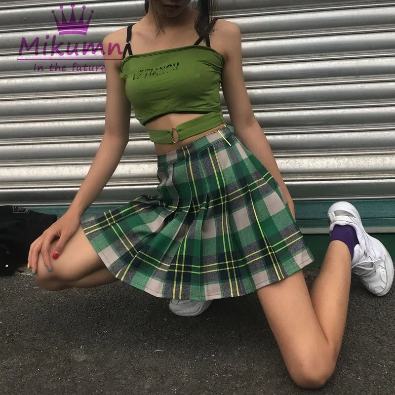 Mikumn новая стильная Летняя женская юбка Harajuku зеленая клетчатая плиссированная