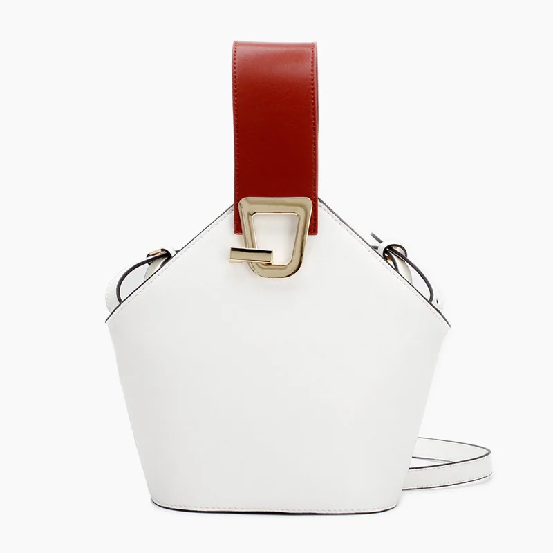 Leather Wide Shoulder Bag Design Bucket Package 2018 New Product Simple Collision Color Hand-moving Female Bag
