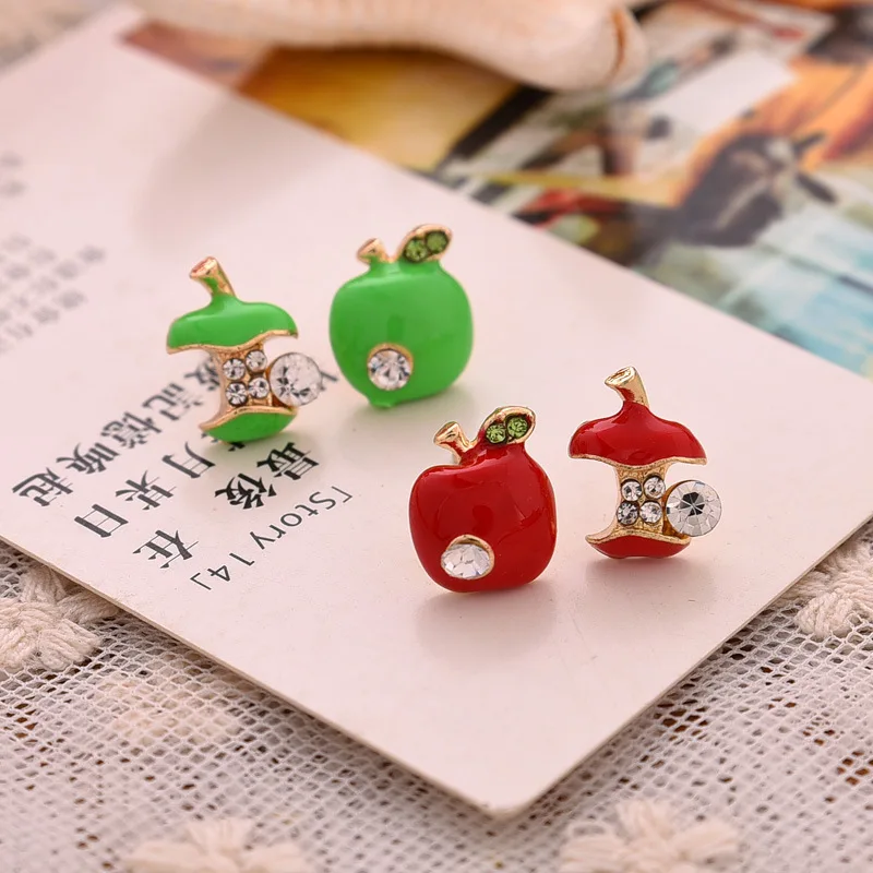 

Fashion Red Apple Color Alloy Small Stud Earrings For Women Asymmetric Earrings Crystal Stud Earrings Pure Aesthetics Wholesale