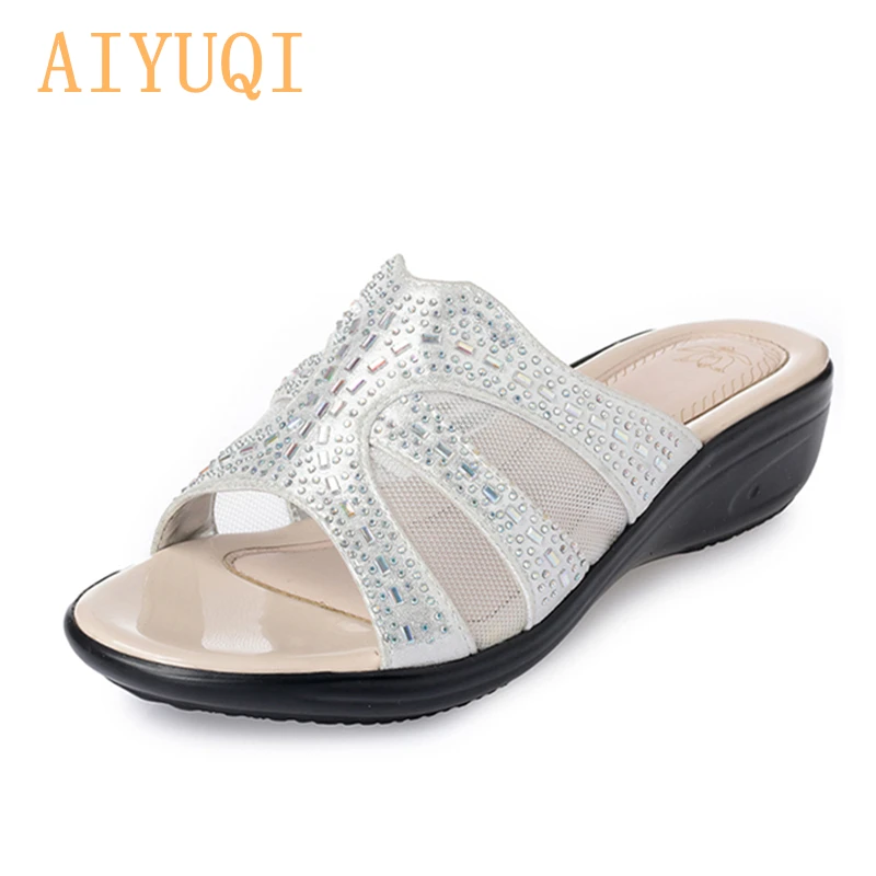 

AIYUQI 2019 women's summer flip flop Outdoor glittering rhinestones golden slippers, flat fashion sweet big size 41 42 43 shoes