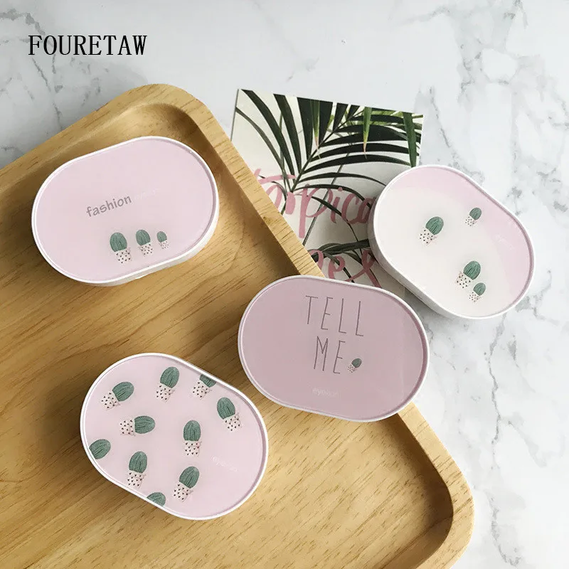 

FOURETAW 1 Set Cute Cartoon Cactus Pattern Style Pocket Mini Contact Lens Case Travel Kit Easy Carry Mirror Mirror Container