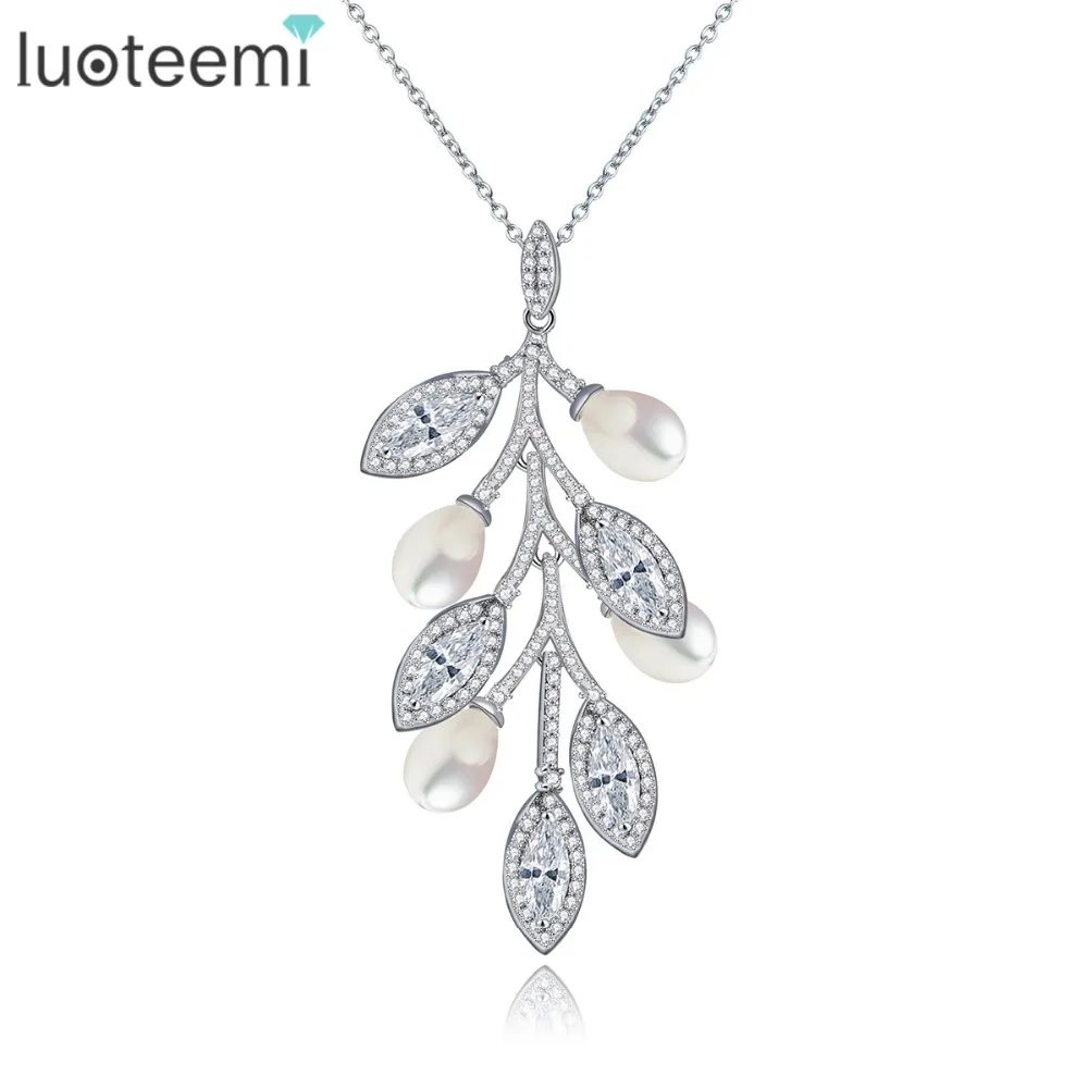 LUOTEEMI Women Casual Modern Marquise Cuting Zircon With Created Waterdrop Pearls Conected Leaf Shape font b