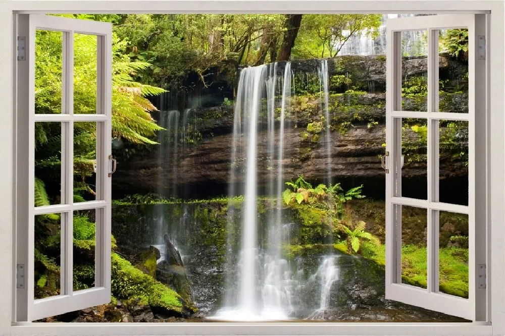 

3D Effect Window View WALL STICKERS Nature Waterfall Framed Vinyl Decal Decor Mural Kitchen Bathroom motorbike wall art