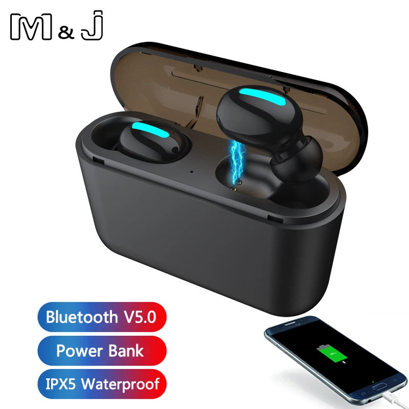 

M&J TWS Bluetooth 5.0 headphone 3D headset stereo wireless earphone with mic and power bank charging box for iphone