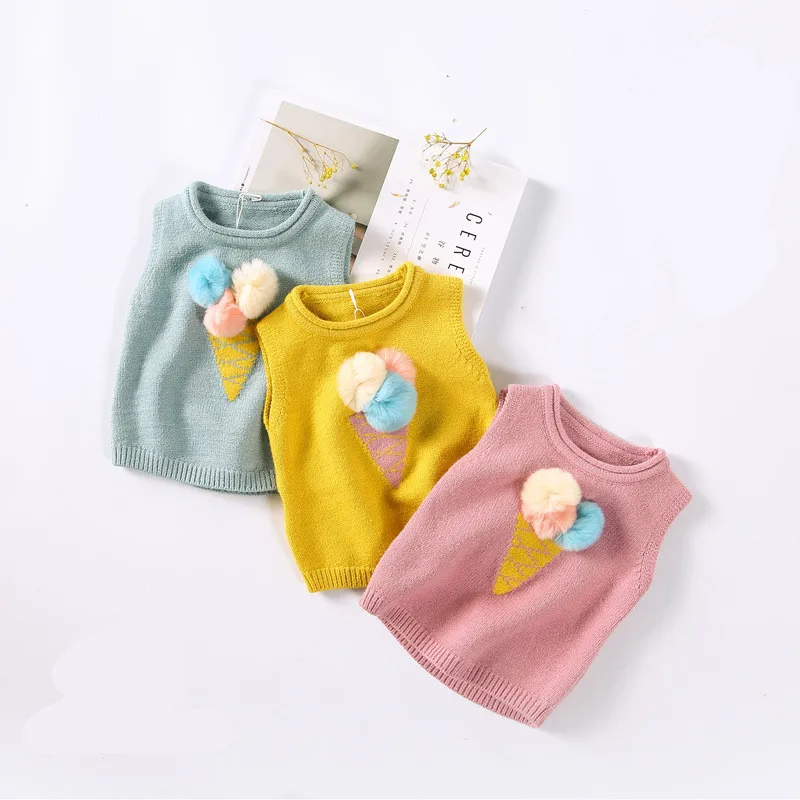 2017 Autumn New Arrived Pompom Girls Clothing Sweaters Infantil Kids Icecream Vest Girls Cute Cartoon Vest Coat Toddler Boutique