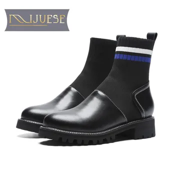 

MLJUESE 2019 women ankle boots cow leather stretch fabric blue color autumn riding boots low heel women boots size 34-40