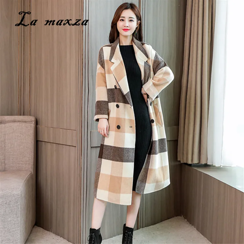 

Women Winter Coat 2018 Fashion Clothes Plaid Korean Style Outwear Long Coat Winter New Women Plus