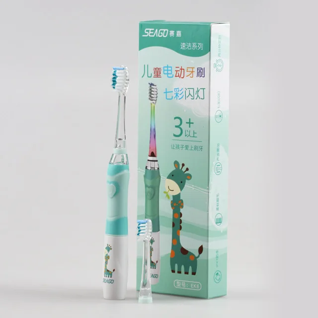Электрическая зубная щетка Seago для детей, яркий светодиодный фонарик с частотой 16000 ударов Dupont щетиной, 2 головки, звуковая вибрация - Цвет: Green Toothbrush