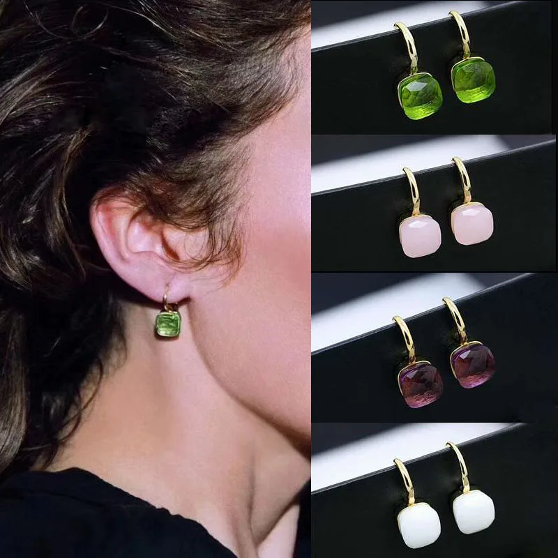 

Top Quality Fashion Multi-Faceted Multicolor Square Crystal Candy Hook Drop Earrings for Women Brand Jewelry