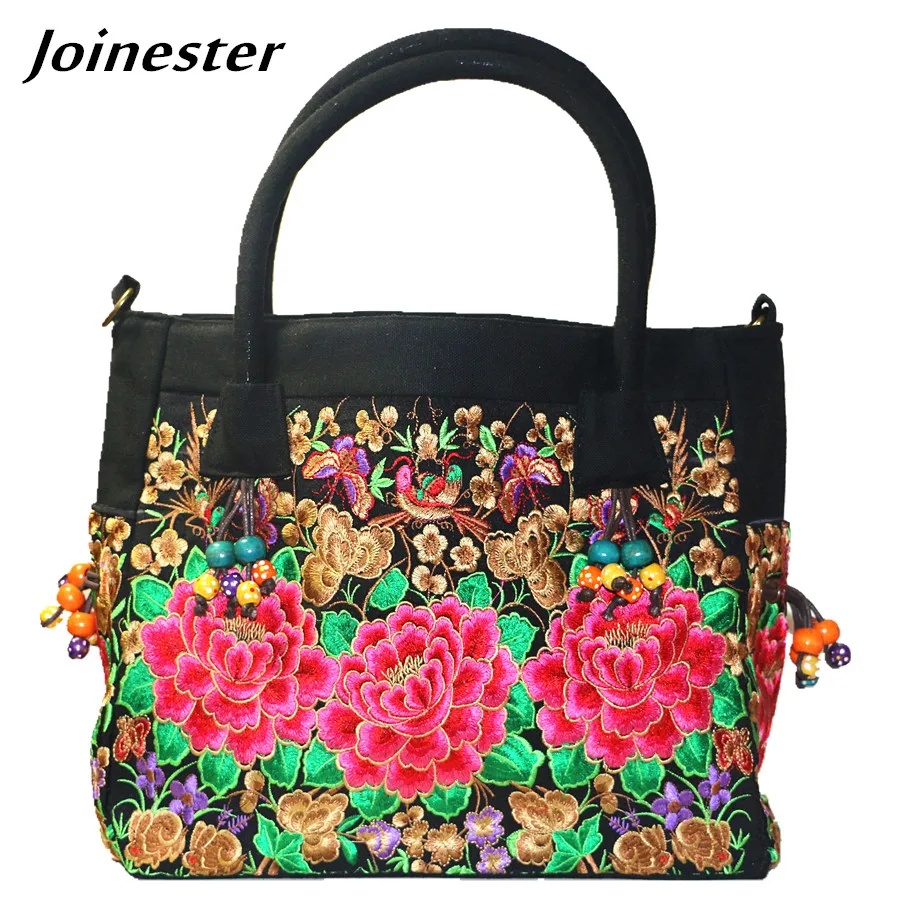 

Women Girl Retro Ethnic Peony Flower Embroidered Boho Everyday Handbag Casual Canvas Large Shopping Tote Vintage Shoulder Bag