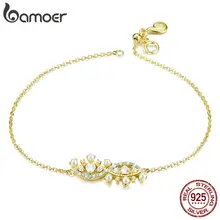 Bamoer голубой глаз Золотая цепь с жемчугом звенья браслеты для женщин 925 пробы серебряные ювелирные изделия браслет с омаром ювелирные изделия BSB026