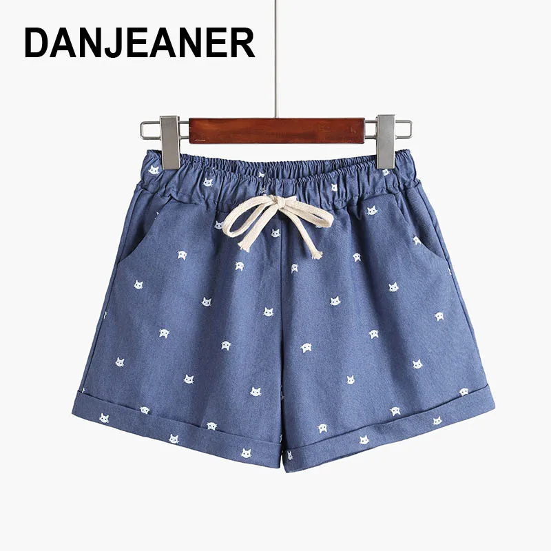 Женские шорты с высокой талией DANJEANER повседневные хлопковые принтом кошачьей