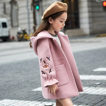 

2020 Autumn Winter Girls Woolen Coat Pink Red Flores Design Petal Sleeves Long Jacket for Kids Age 8 10 12T Yrs Old windbreaker