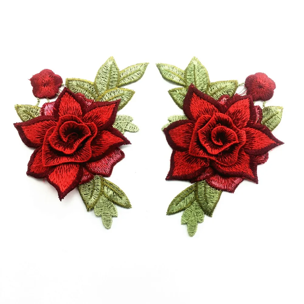 3D red rose flower Applique Embroidery Flower Patches for Clothing