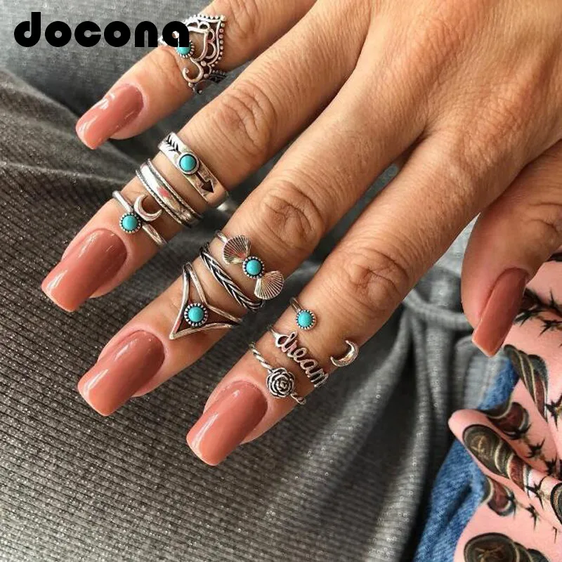

docona Retro Silver Color Moon Shell Flower Rings Set for Women Girl Metal Green Rhinestone Knuckle Midi Rings Set Anillos 6425