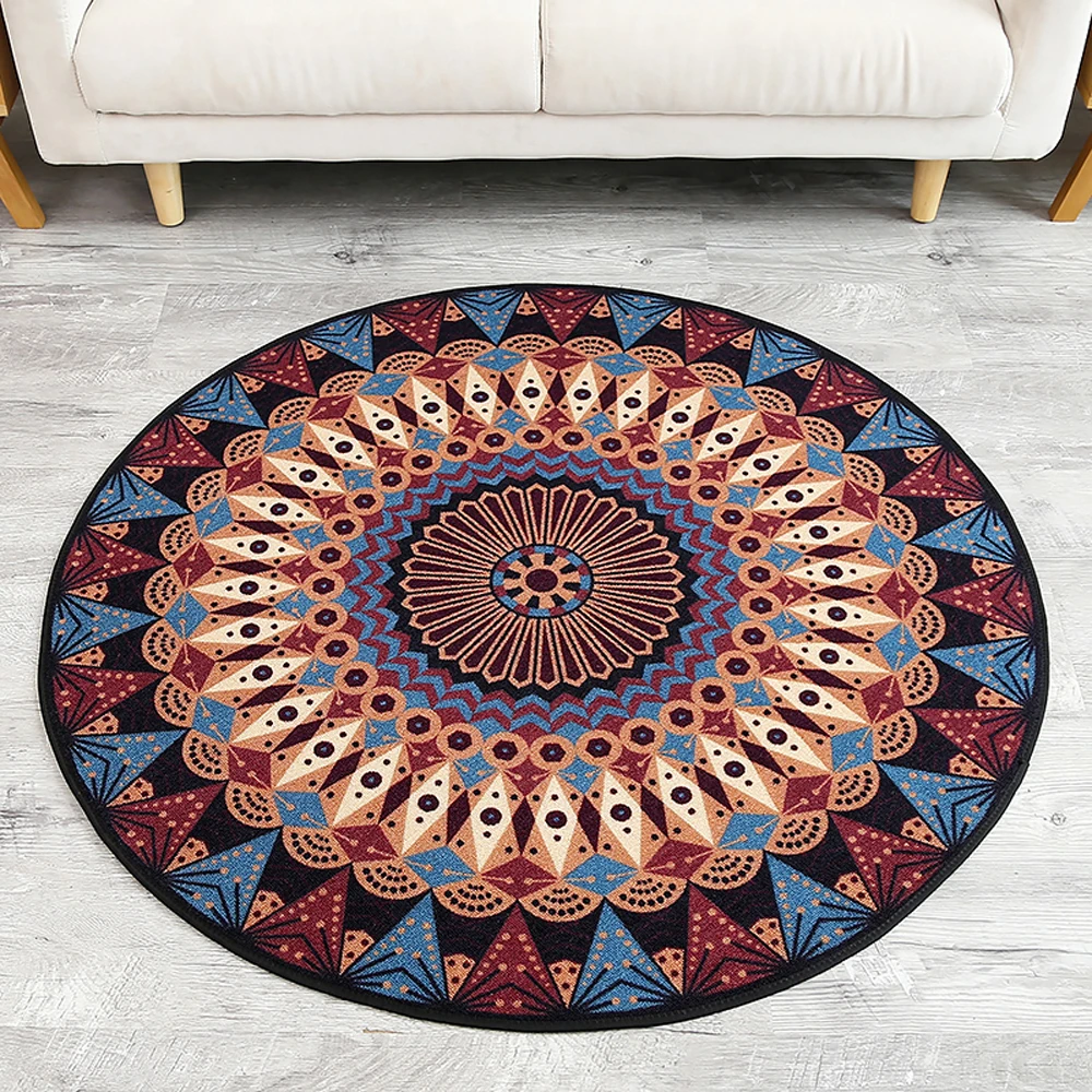 National Style Geometric Pattern Round Carpet Non Slip Waterpoof
