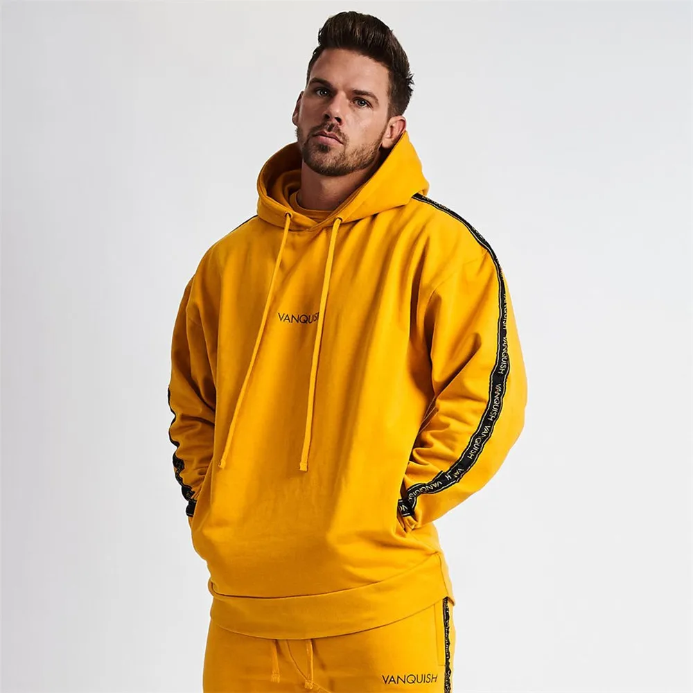 

2019 Men Minimal Yellow Oversize Hoodie Gyms Bodybuilding Sweatshirt Loose Pullover Sportswear Male Trendy Fitness Hip Hop Stree