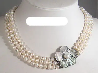 

FREE SHIPPING HOT sell new Style >>>>3 Rows Real White Pearl 18KWGP Shell Flower Clasp Necklace