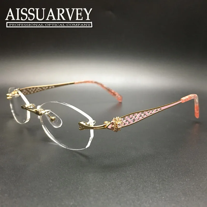 Fashion vintage rimless eyeglass frame with rhinestore for women optical prescription rimless