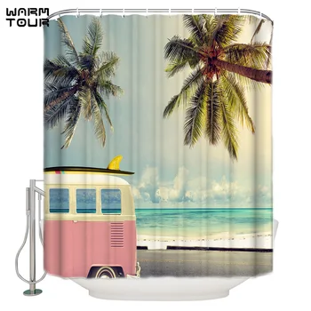 

WARMTOUR Shower Curtain Nordic Wind Beach Bus Coconut Tree Waterproof Shower Curtain Bathroom Decor