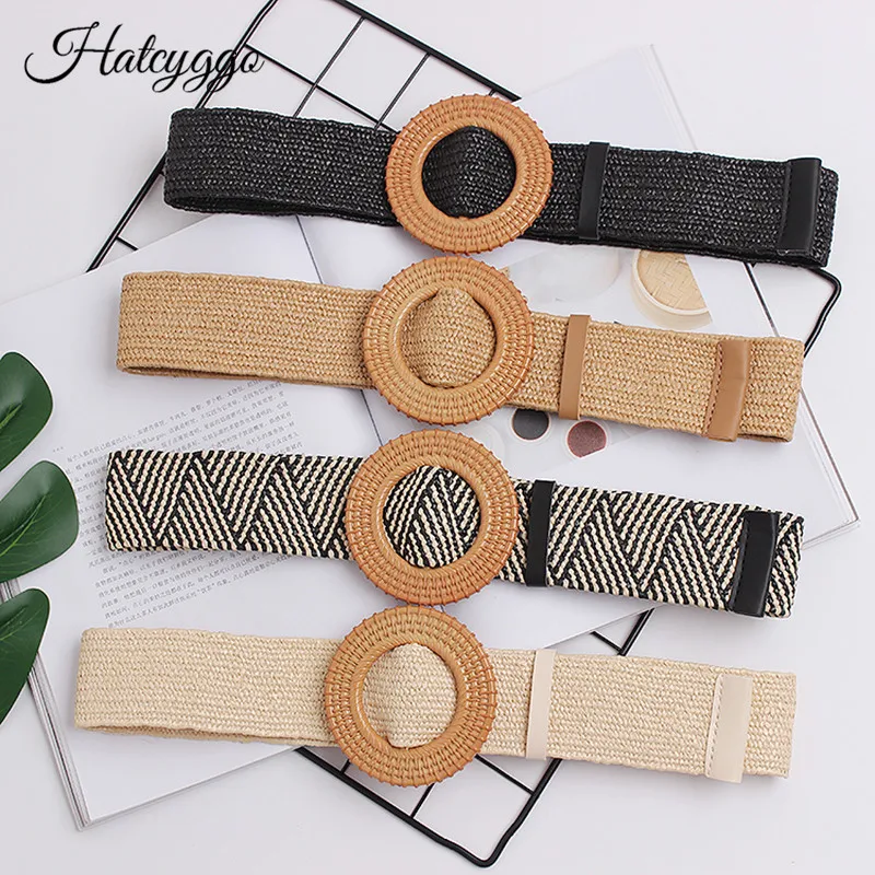 

HATCYGGO 2019 Belt Female Vintage Braided Women/Black Belts Wide Woven Straw Waist Belt For Women Adjustable Dress waistband