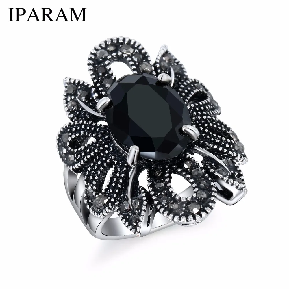 

IPARAM Punk Rock Ring Jewelry Silver Color Ancient Ways Black Stones Hollow Out Female Personality Hipster Index Finger Rings