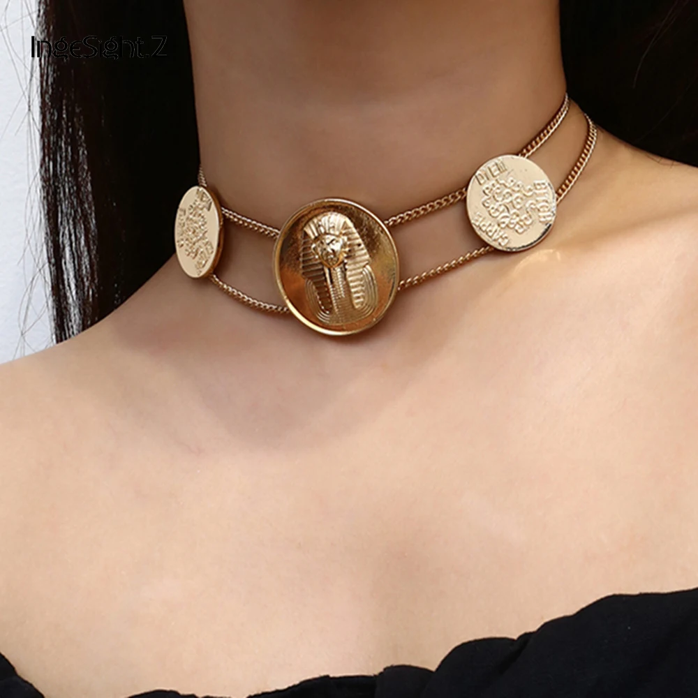 

IngeSight.Z Vintage Ancient Egypt Sphinx Rune Choker Necklace Collar Statement Multi Layered Coin Clavicle Chain Women Jewelry