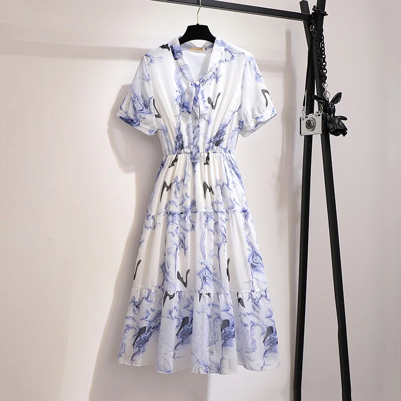 

HAMALIEL Plus Size Women Chiffon Dress 2019 Summer Print Ink Short Sleeve Bow Collar Ladies Dress Vintage Elastic Waist Dress