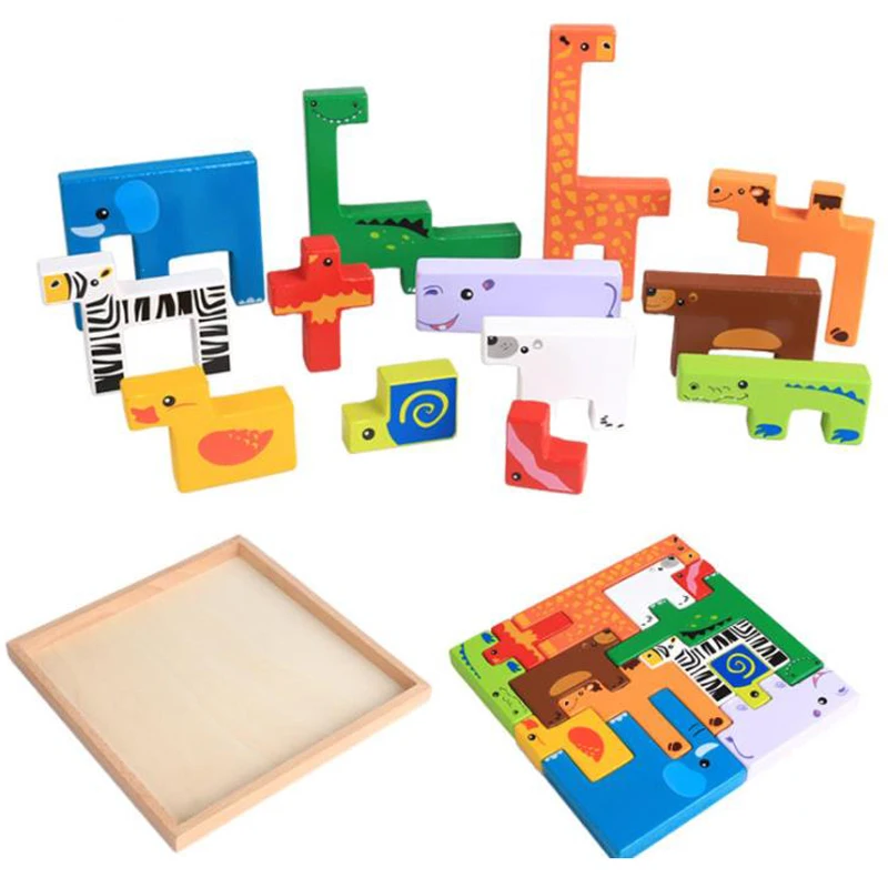Классическая игра-головоломка тетрис дерево животные головоломка интеллектуальная 3D головоломка доска для мальчиков девочек Разноцветные безопасные деревянные материалы