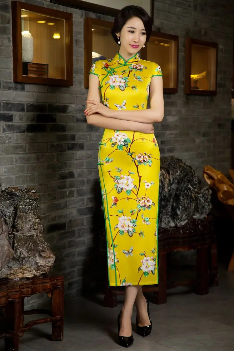 Брендовые новые синие китайские Женские Длинные атласные Cheongsam летние горячие продажи Qipao Цветочные Повседневные платья Размер S M L XL XXL 020809