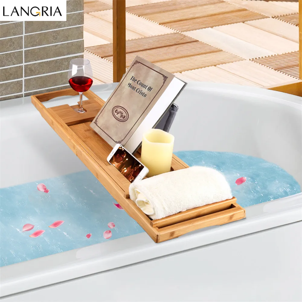 LANGRIA Bamboo BathtubTray Handcrafted Bath Tray Bathroom Shelves bathtub caddy bath caddy Bath Rack Bathroom Storage Stand Tray01