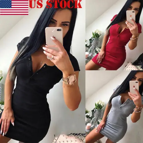 

2019 Newest Fashion Hot Sexy Charming Women's Summer Pure Short Sleeve Party Evening Short Mini Button V Neck Dress