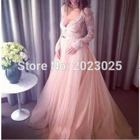 Attractive Long Sleeve Prom Dresses Real Photos Appliqued Lace A Line