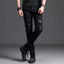 

2018 New Men's Skinny Jeans Motorcycle Riding Jeans Knee-Tear Hole Jeans Trousers Ankle Boots Exquisite Motorcycle Jeans Trouser
