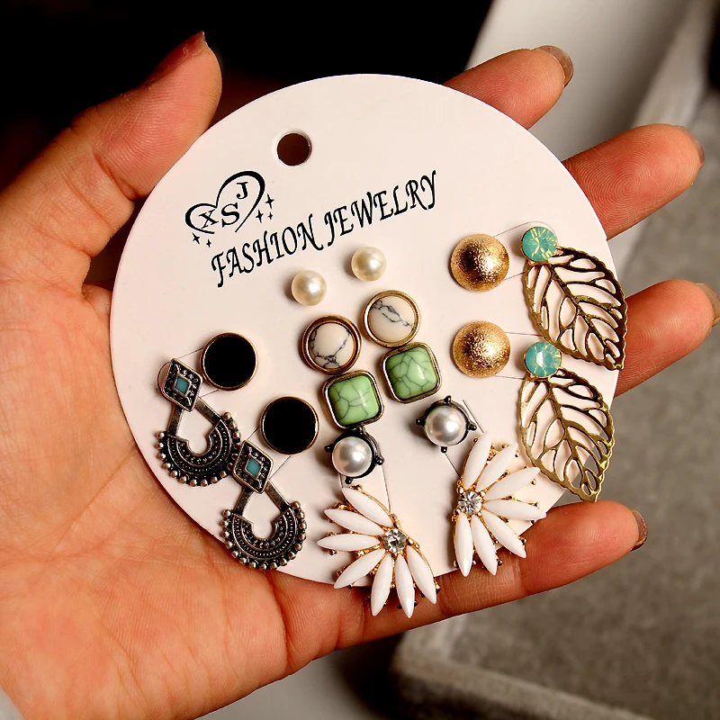 

New Fashion Women Jewelry Wholesale Girls Party Earrings Boho Style Mix 9 Pairs / Set Earrings Gift Free Shipping