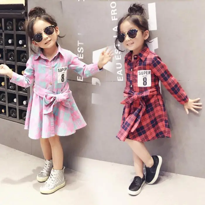 

2017 New Spring Autumn Girls Clothes Cotton Long Sleeve Baby Kids Girl Dress Letter Printed Children Princess Plaid Dresses