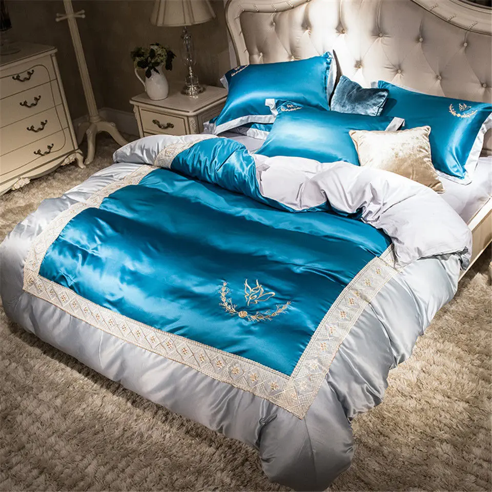 

2019 Embroidered Bedding Silk Flat Sheet Fitted Sheet Queen Bed Set Romantic Lace Design Blue Nordic Double Bed Linens Family