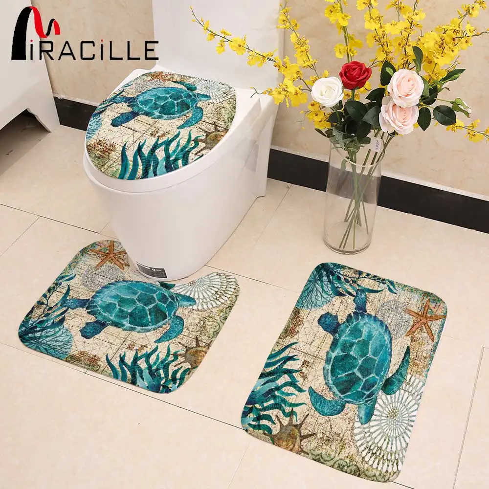 Miracille Marine Stil 3 Stücke Set Toilettensitzabdeckung WC Eingestellt Meer Gedruckt Turtle Bad Matte Waschbar Teppich für Waschraum Günstig